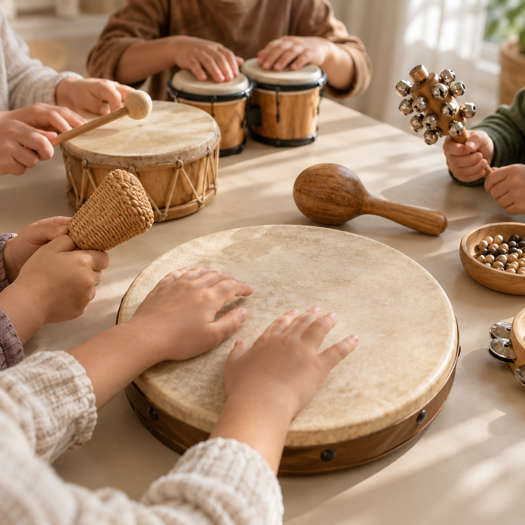 Masa çevresinde davul ve küçük vurmalı çalgılar çalan çocukların elleri