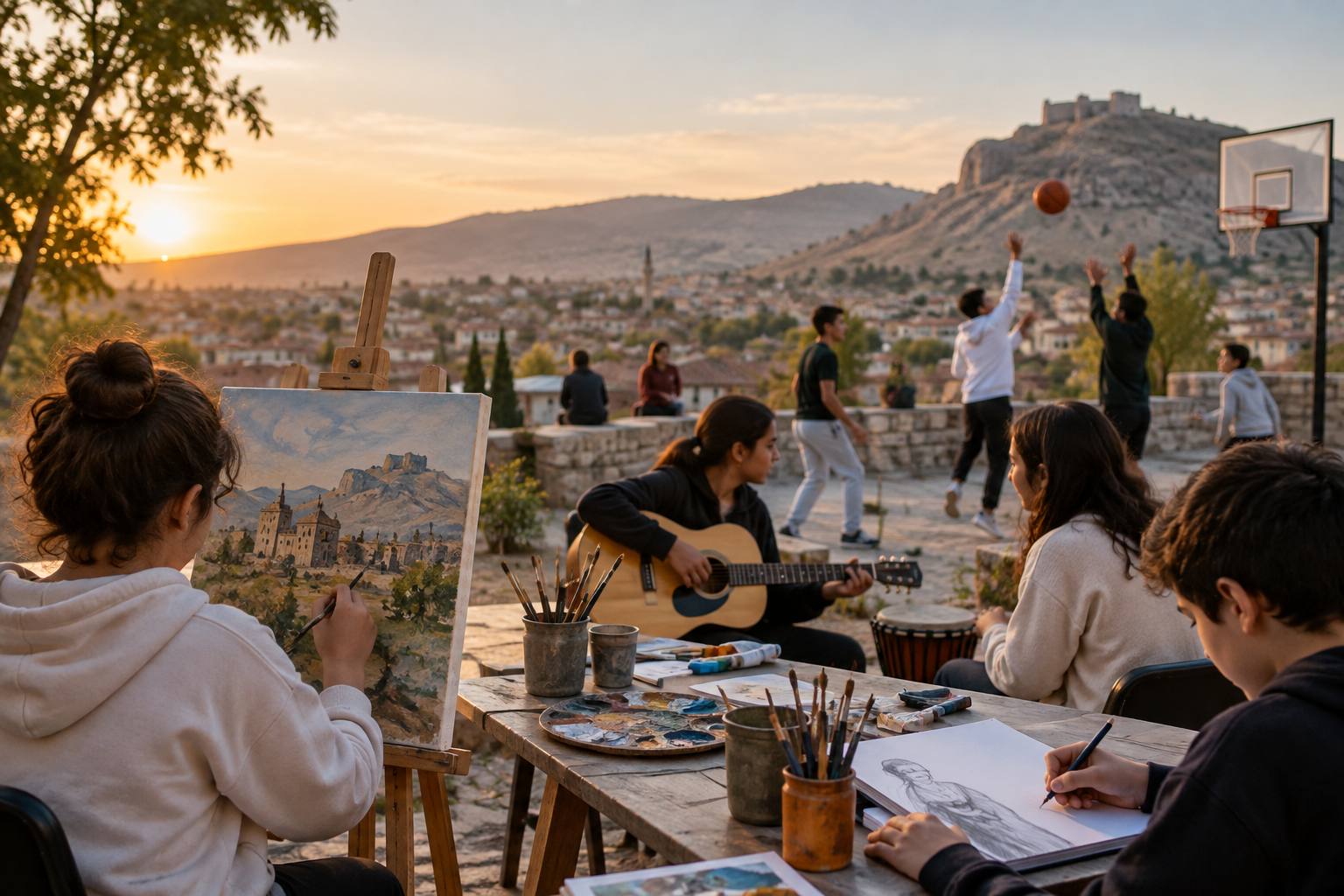 Gün batımında açık havada resim yapan, gitar çalan ve basketbol oynayan kişiler