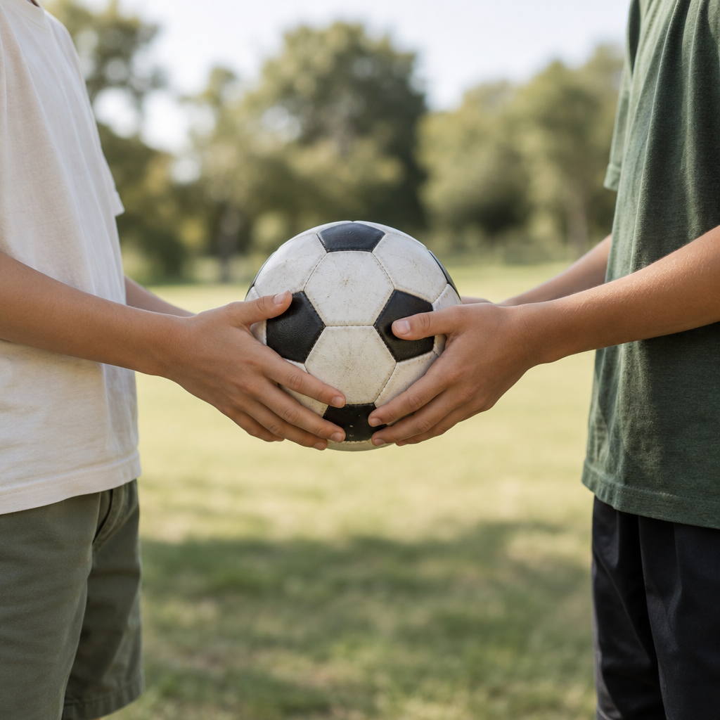 Çim alanda iki kişinin birlikte tuttuğu siyah beyaz futbol topu